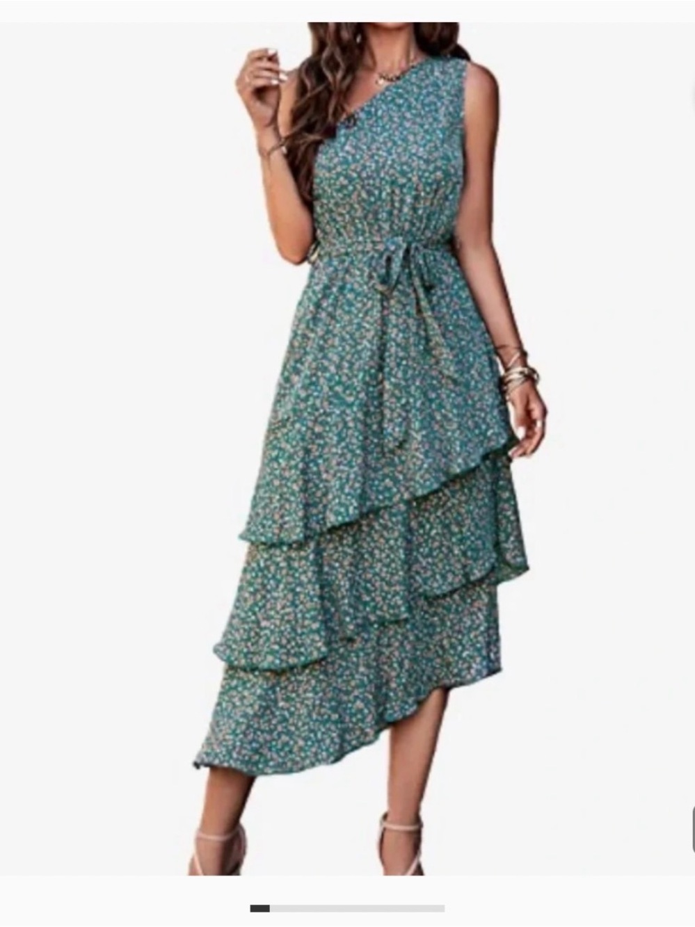 Green One-Shoulder Tiered Floral Dress with Belt - NWT